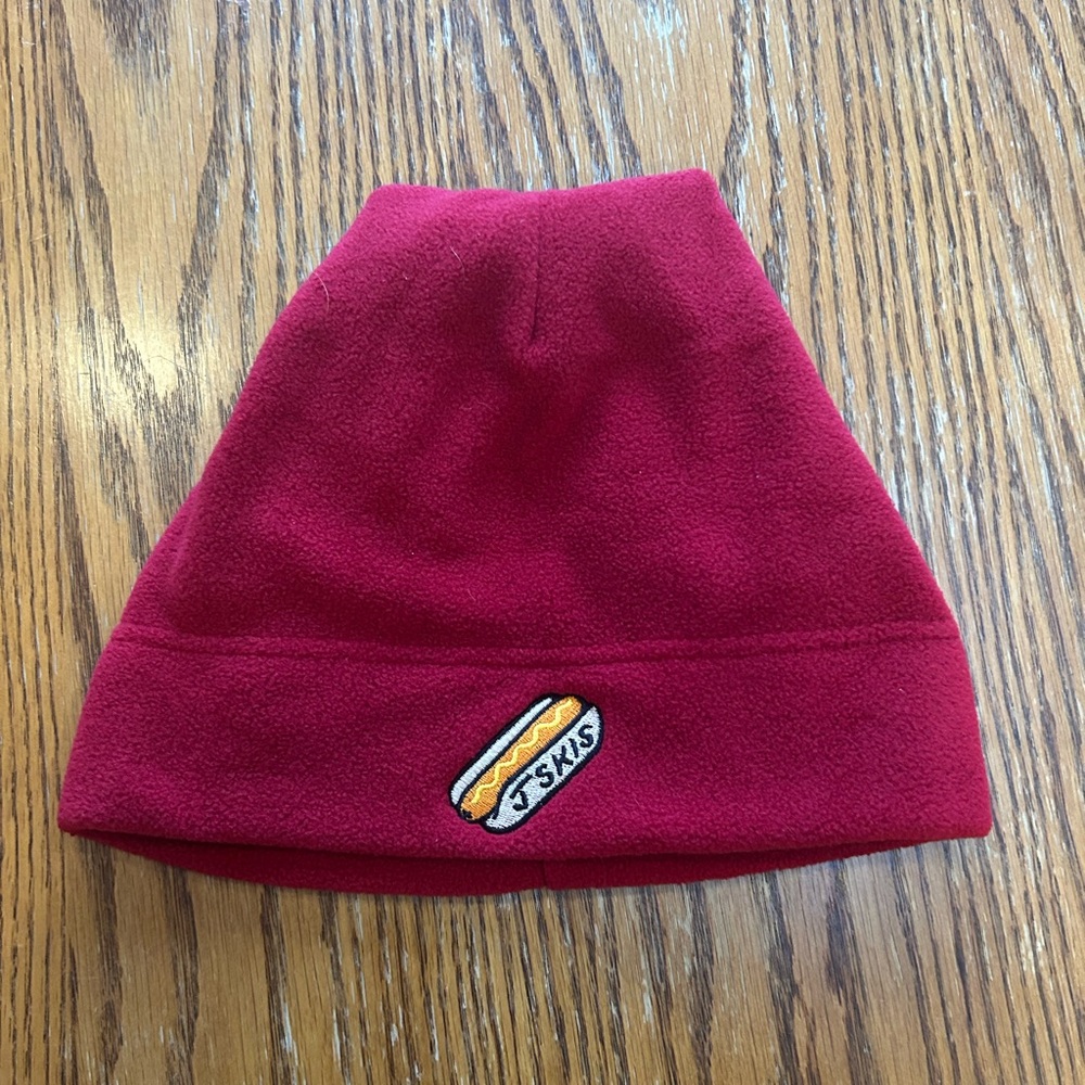 Red Fleece Beanie with J Skis Logo